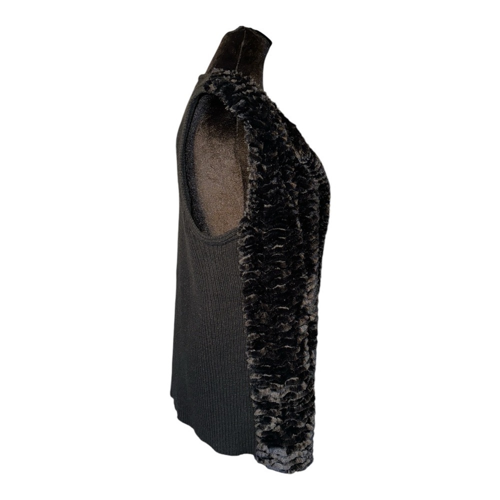 Chico's Womens Faux Fur Black Open Front Lined Vest Ribbed Back Pockets Size 1 - Picture 2 of 8